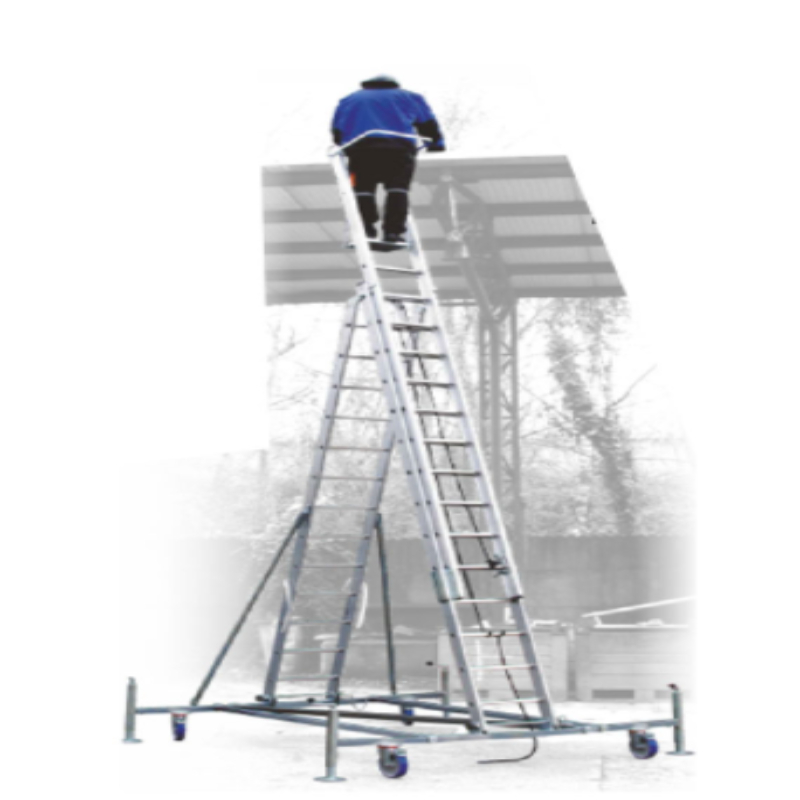 Escada profissional com base rígida em aço e com base de trabalho e elevação com corda.